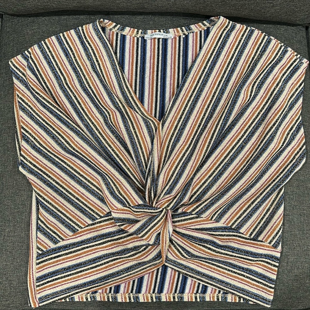 Zara Blue and Orange Tie Front Blouse